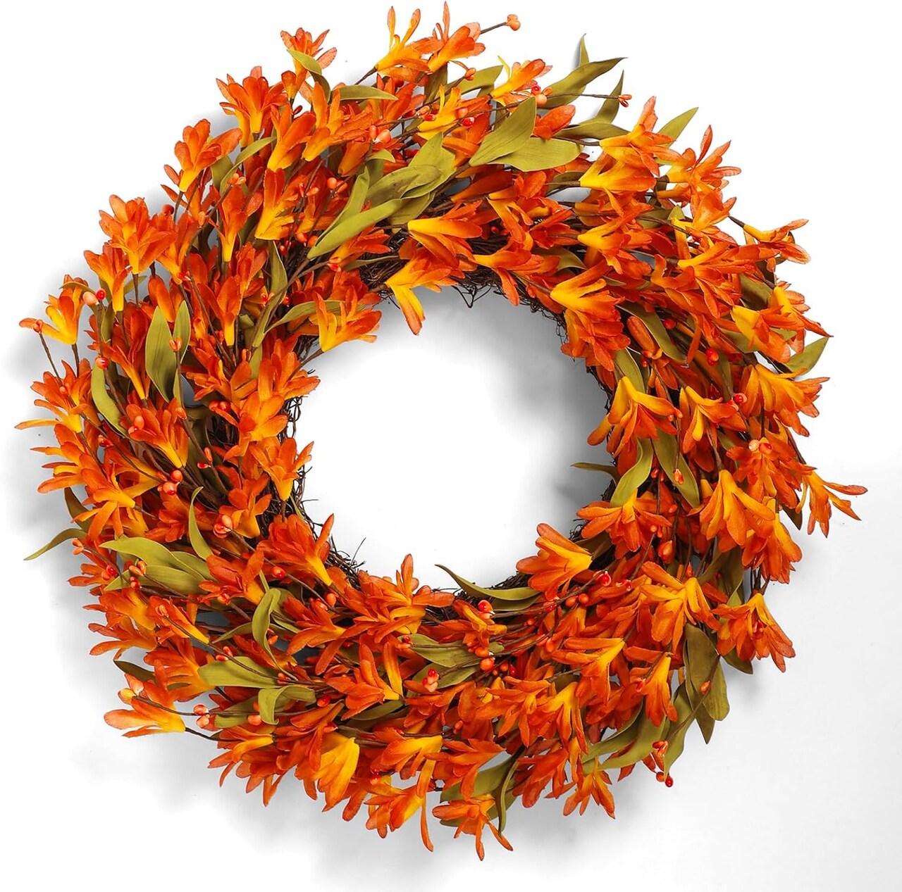 Artificial Fall Wreath 22 Inch Autumn Wreaths for Front Doors Orange Forsythia Wreath with Berries Fall foliage for indoor outdoor Thanksgiving Day Harvest Festival Home Party Holiday.